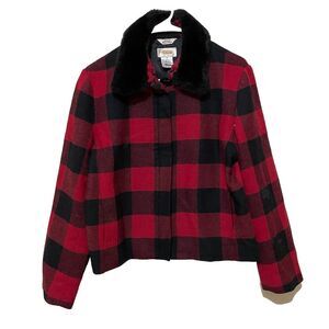 Talbots Buffalo Plaid 100% Wool Jacket Red Black Faux Fur Collar 10 petite